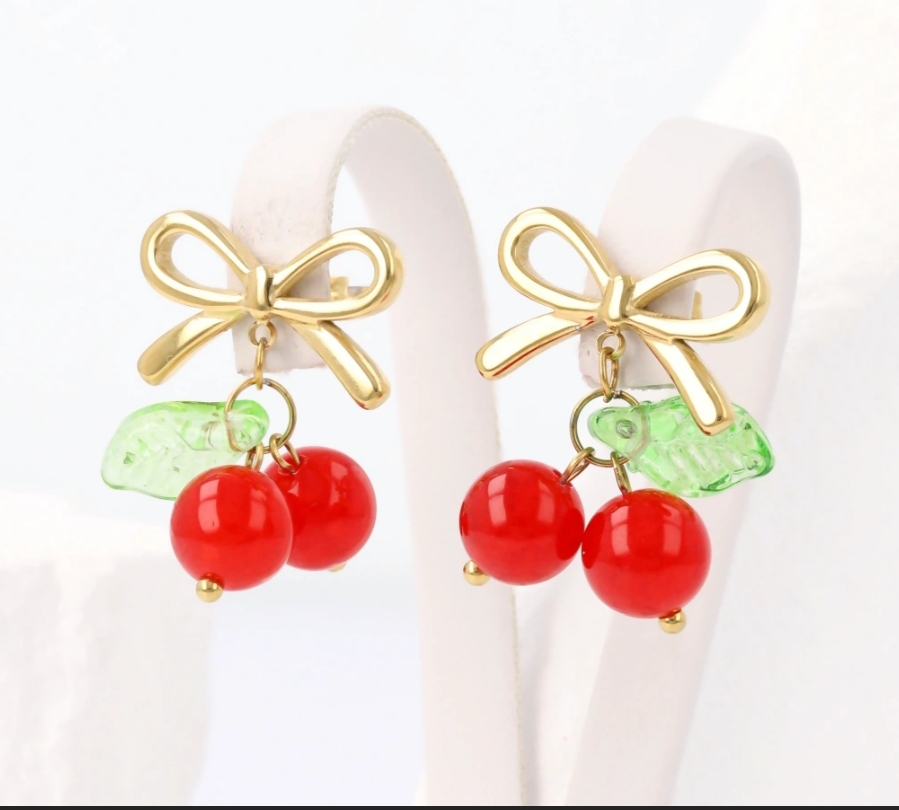 Kolczyki wisienki kokardka - obrazek 3